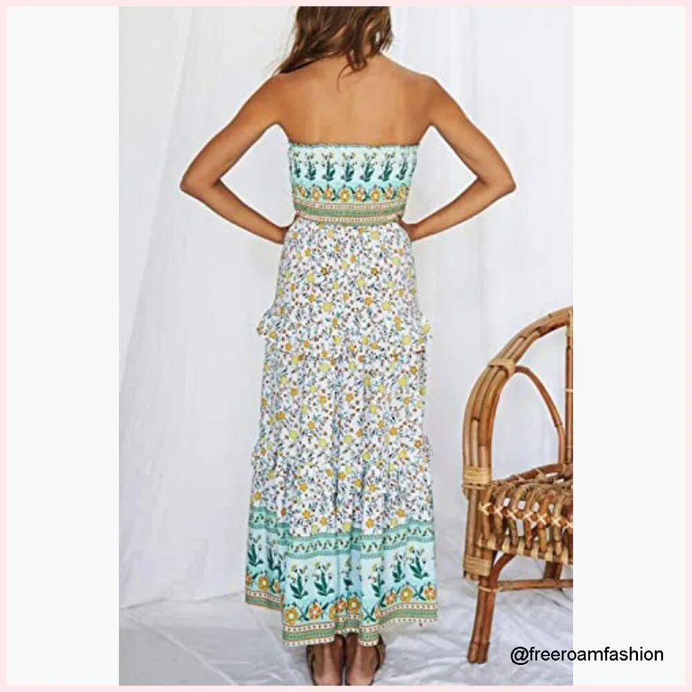 Strapless Maxi Dress Boho Floral Smocked Waist A-Line Summer Beach - Picture 6 of 7